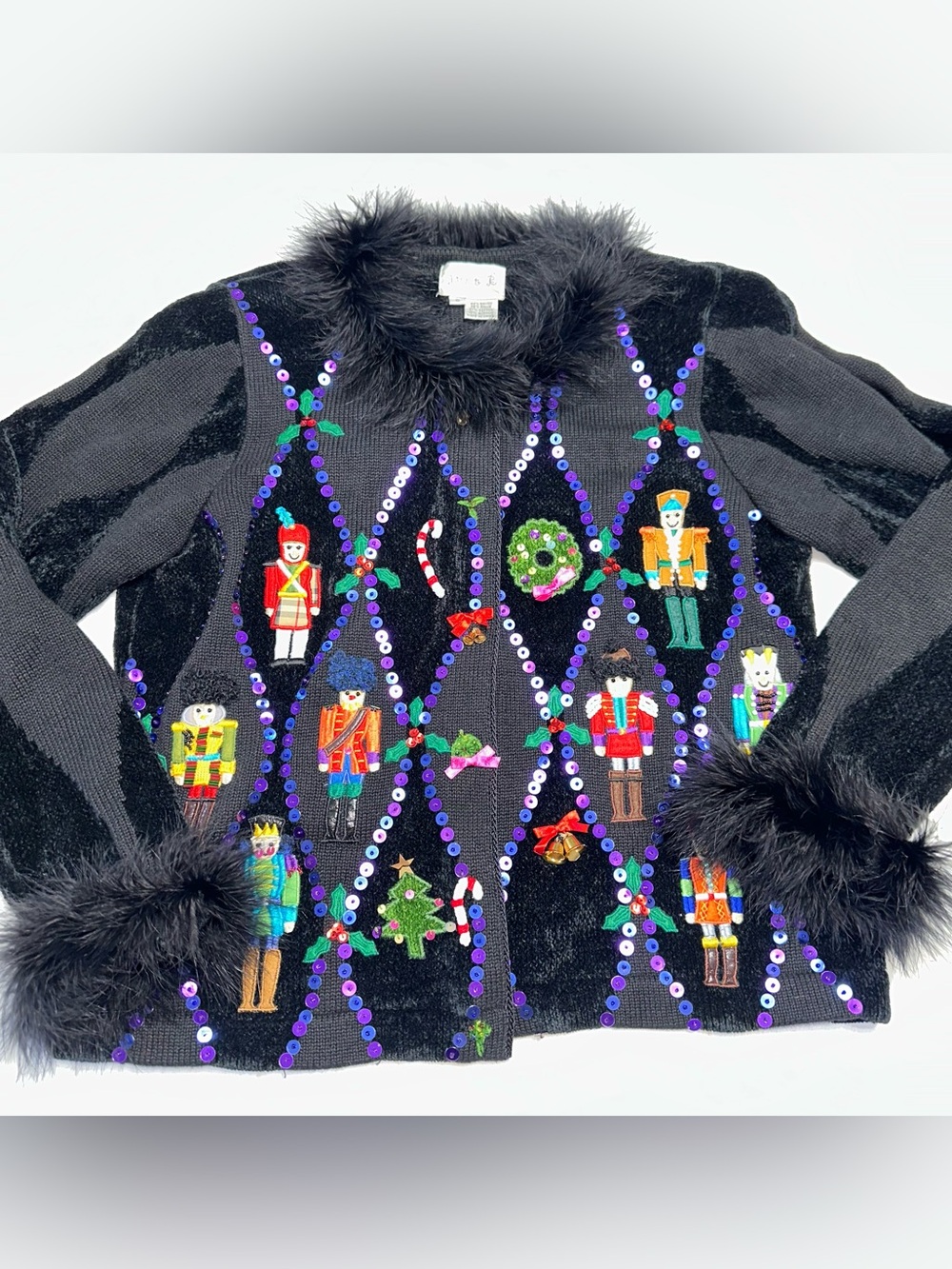 Just B Nutcracker Christmas Cardigan Women’s Small Black Faux Fur Sequin Holiday